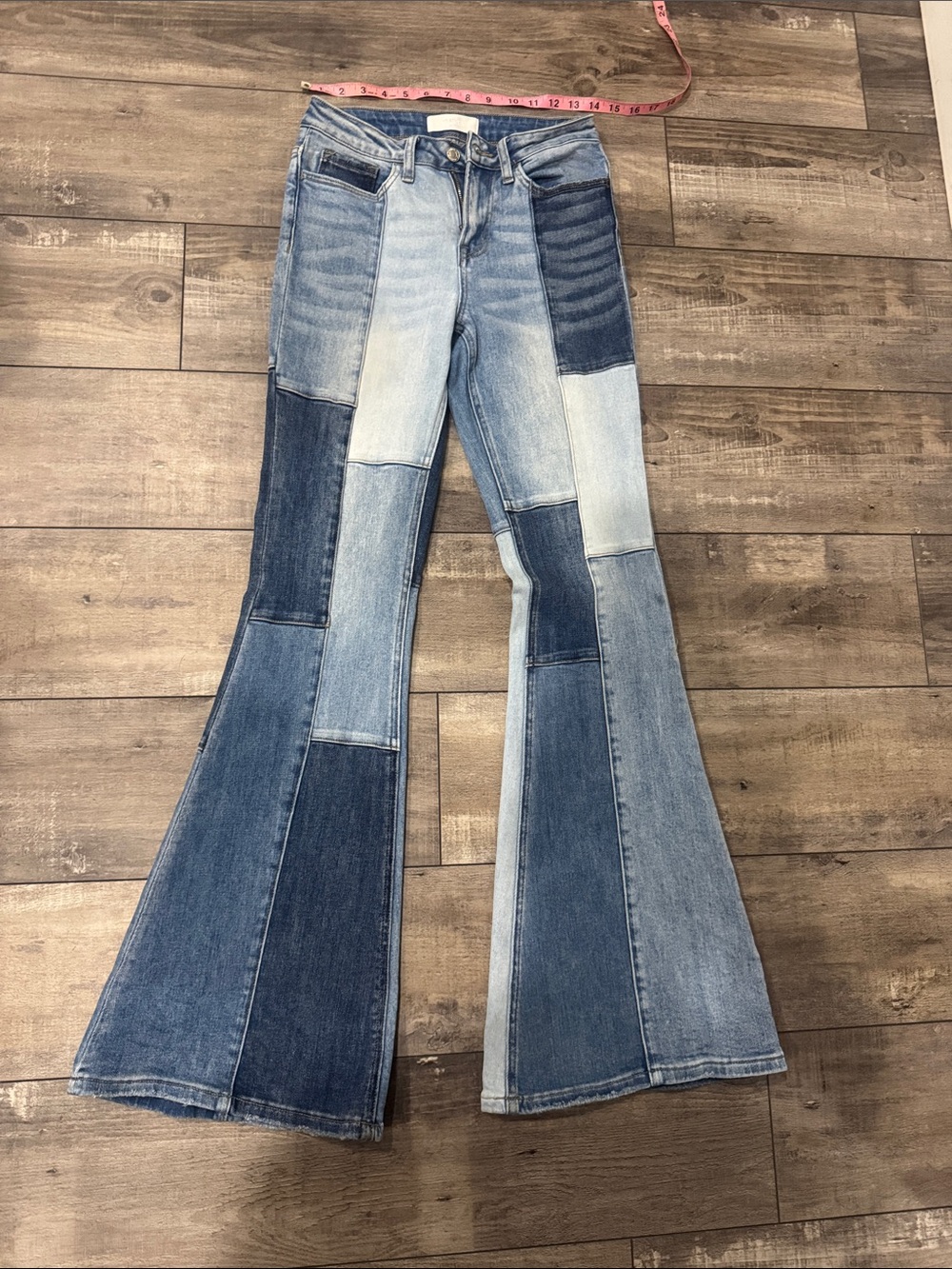 VERVET BY FLYING MONKEY Patchwork Flare Jeans in Mixed Blue Denim